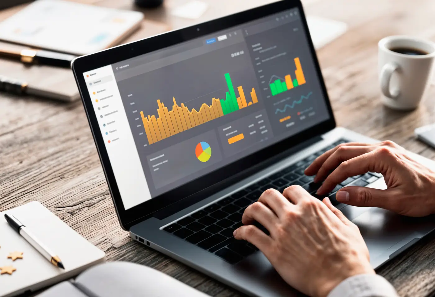 Hands on a laptop showing an analytics dashboard