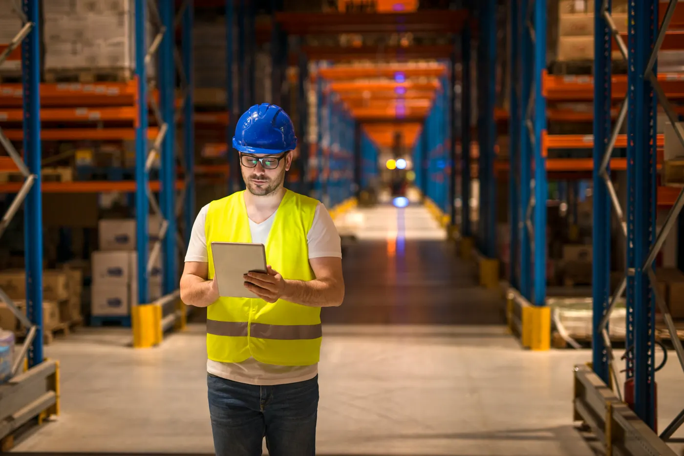 Worker with a tablet walking through a warehouse aisle