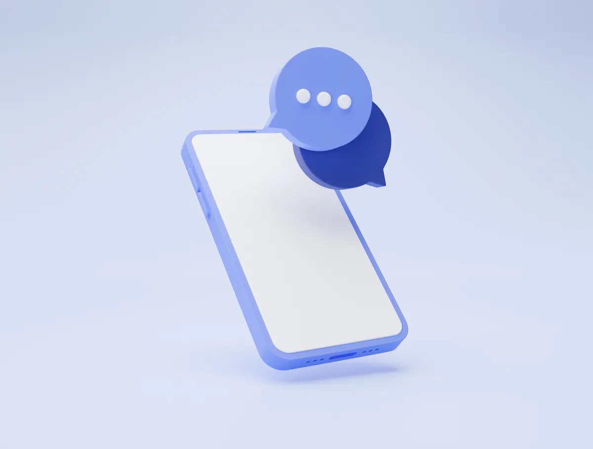 Blue 3D smartphone showing a chat bubble