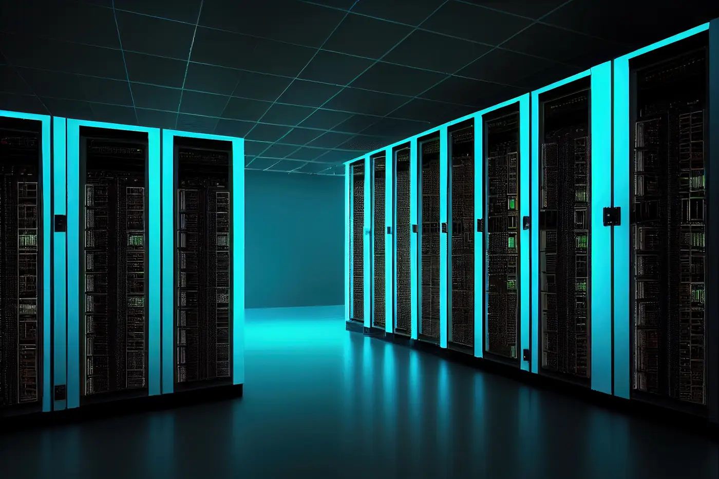 Aisle of server racks in a teal-lit data centre